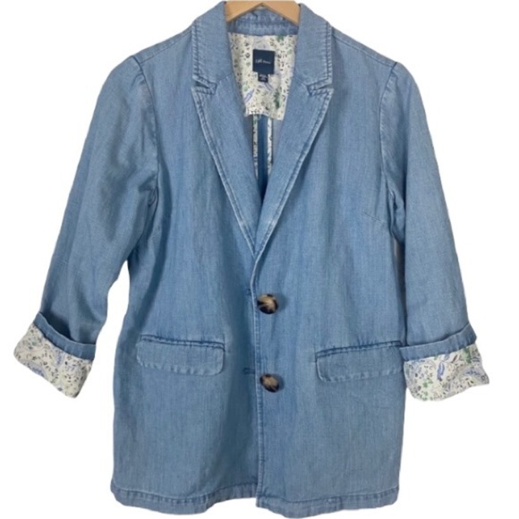 J. JILL Denim Cotton Linen 2-Button Blazer Shacket Jacket XS Contrast cuffs - Picture 1 of 14